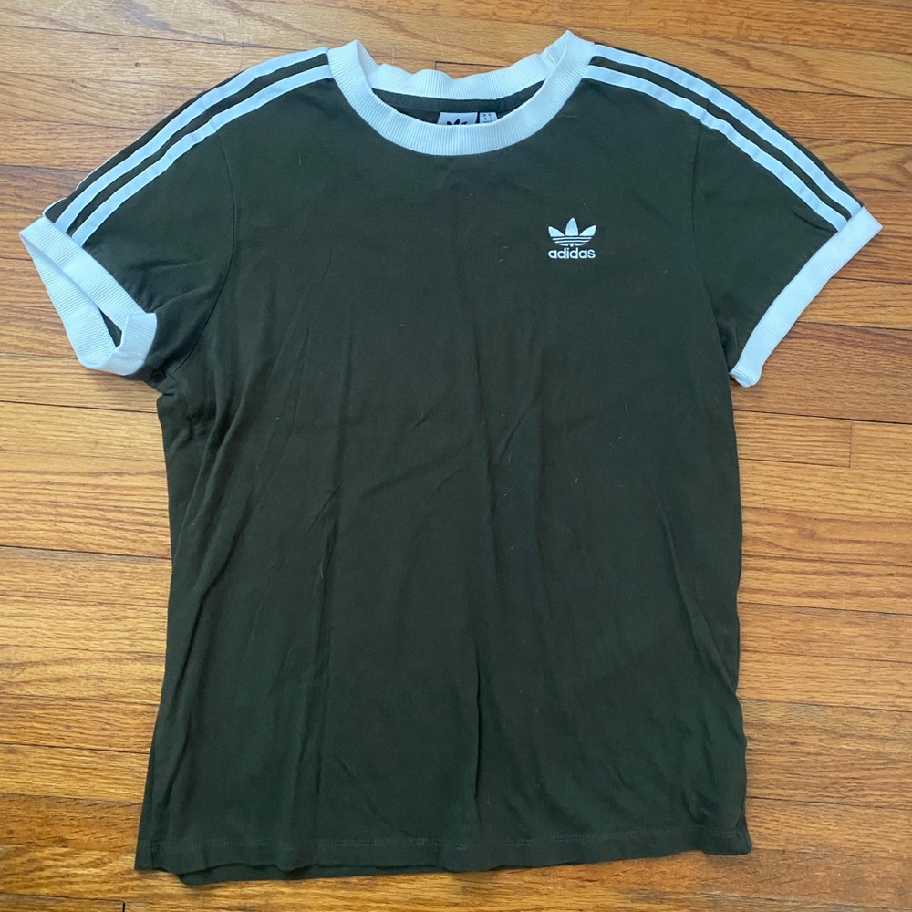 Adidas Olive Green Tee with White Strips